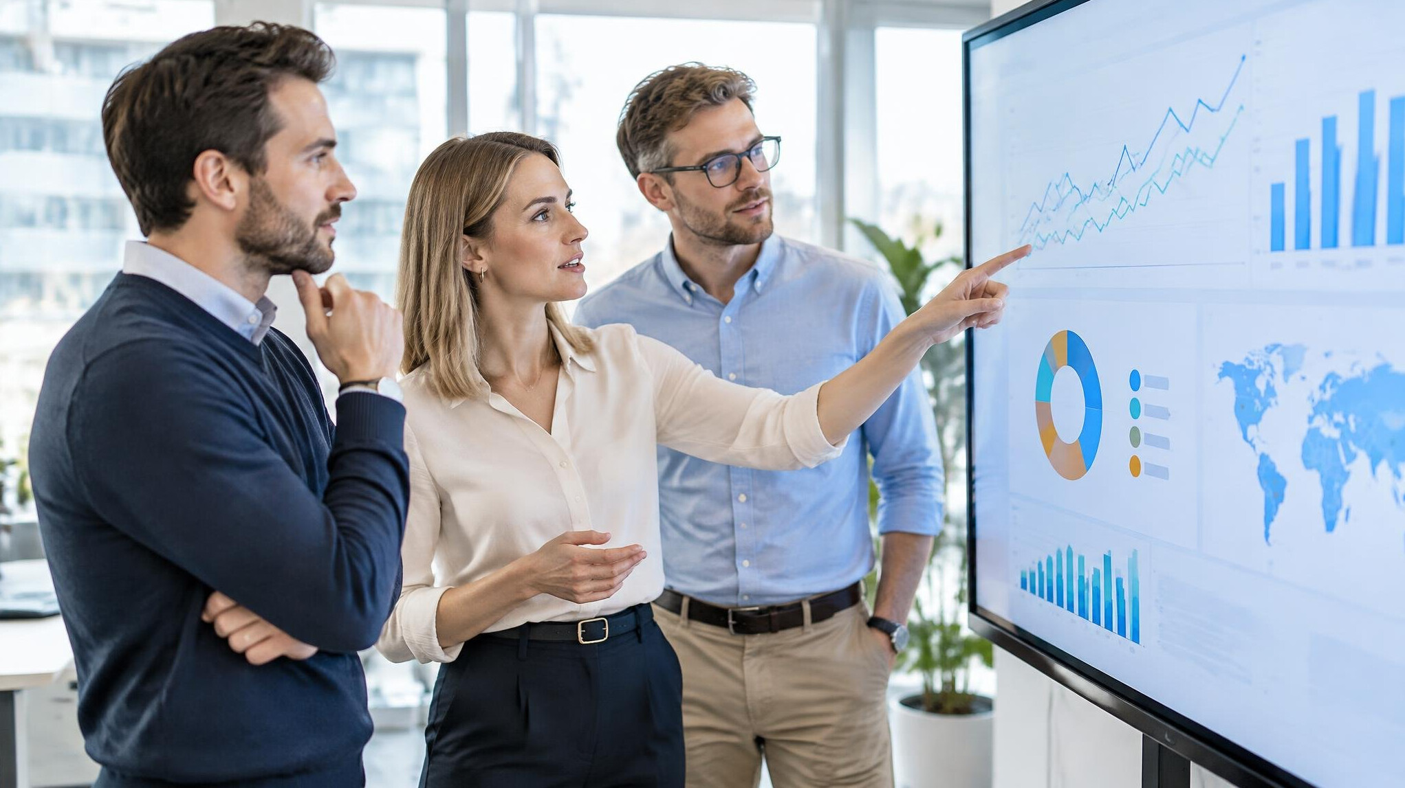Team analyzing charts and data on screens in a bright office